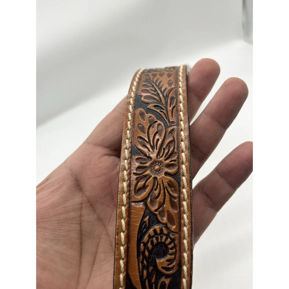 Tony Lama Tooled Floral Leather Mens Western Belt Size 38 Brown Silver C40064